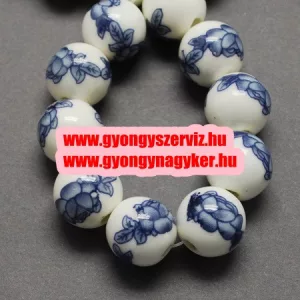 Porcelángyöngy. 10mm. Poroszkék virág.
