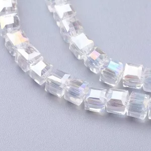 Leárazás! 10db. Fémgőzölt, csiszolt üveggyöngy. Kocka. 8x8mm. Kristály AB.