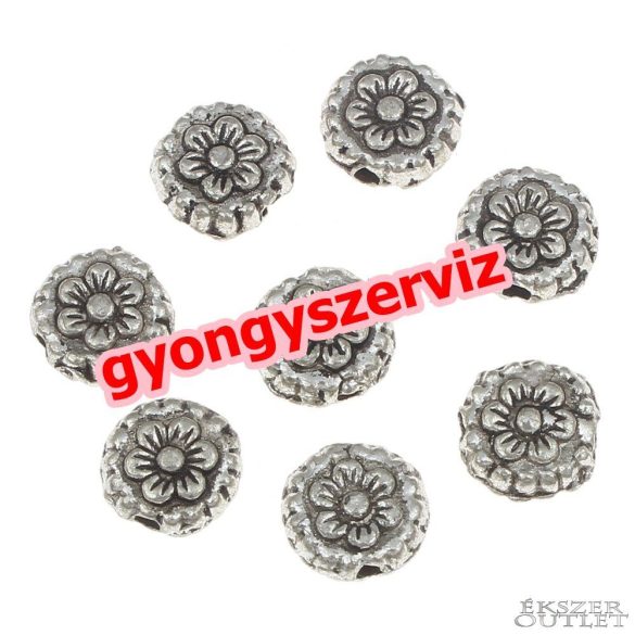 10db. Virág. 8x3.5mm. Antik ezüst szín. Fémgyöngy, köztes gyöngy.