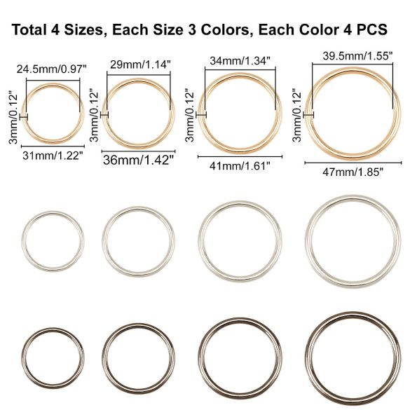 Zárt fém karika. 3 színben, 4 méretben.