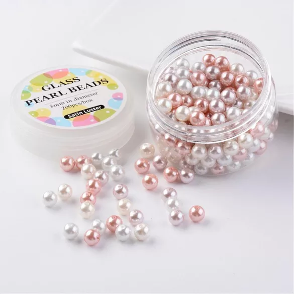 Üveg tekla gyöngy. AAA. 4 szín, fehér. Mix. 8mm. 200db. + ajándék doboz.