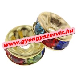   10db. Strasszos fém köztes gyöngy. Rondell. 8x3mm. Arany, szívárvány. AAA