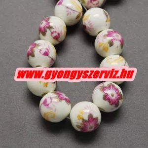 Porcelán ékszergyöngy. 10mm. Pink virág.