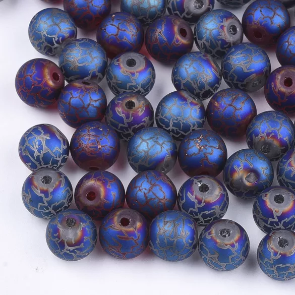 Fémgőzölt . repesztett mintájú üveggyöngy. 8-8.5mm. Kék. 10db/csomag.