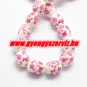 Porcelán ékszergyöngy. 12x10mm. Pink virág. 