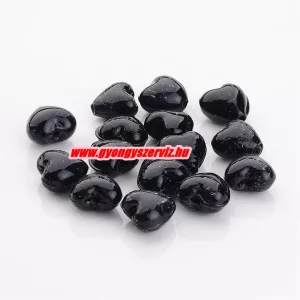 Üveggyöngy, lámpagyöngy. 12x8mm. Szív. Fekete. 