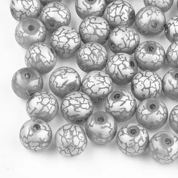 Fémgőzölt . repesztett mintájú üveggyöngy. 8-8.5mm. Ezüst. 10db/csomag.